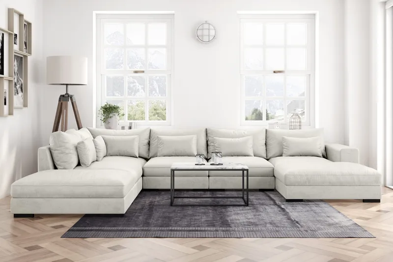 Dubai U-modulsoffa med Divan Höger Sammet Extra Djup - Vit - Möbler - Vardagsrum - Soffor - Modulsoffor - Komplett modulsoffa