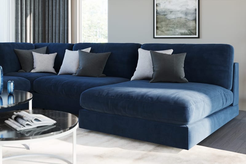Arken 6-sits Vändbar L-formad Modulhörnsoffa med Divan + Fotpall i Sammet - Blå - Möbler - Vardagsrum - Soffor - Modulsoffor - Komplett modulsoffa