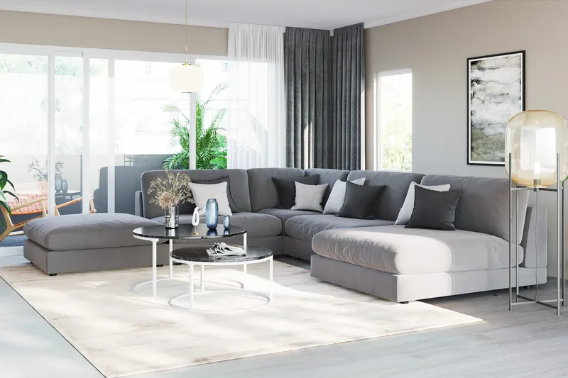 Arken 6-sits Vändbar L-formad Modulhörnsoffa med Divan + Fotpall i Sammet - Ljusgrå - Möbler - Vardagsrum - Soffor - Modulsoffor - Komplett modulsoffa