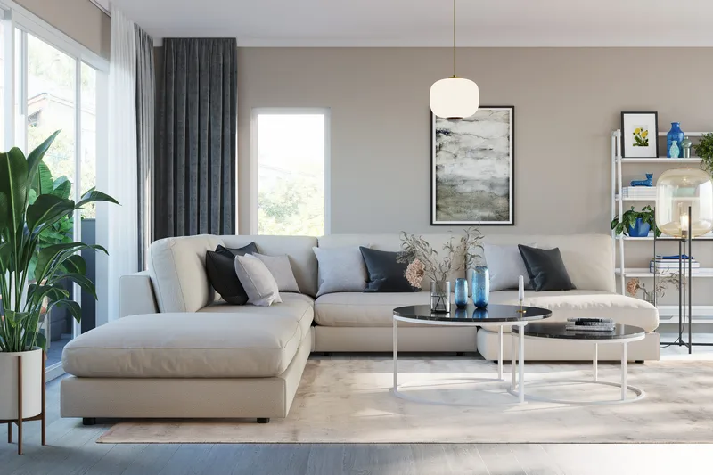 Arken 6-sits Vändbar L-formad Modulhörnsoffa med Divan + Fotpall i Tyg, Beige