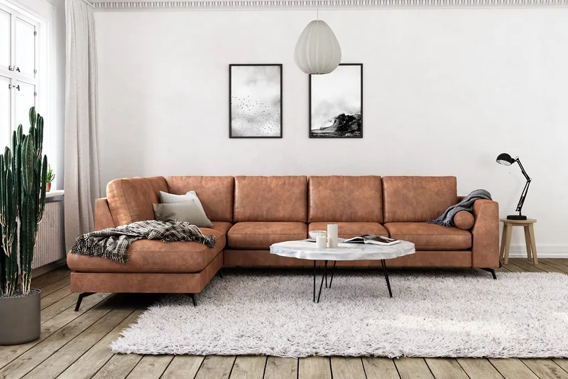 Ocean Lyx 4-sits Vänstervänd L-formad Schäslongsoffa i Konstläder - Brun - Möbler - Vardagsrum - Soffor - Skinnsoffor
