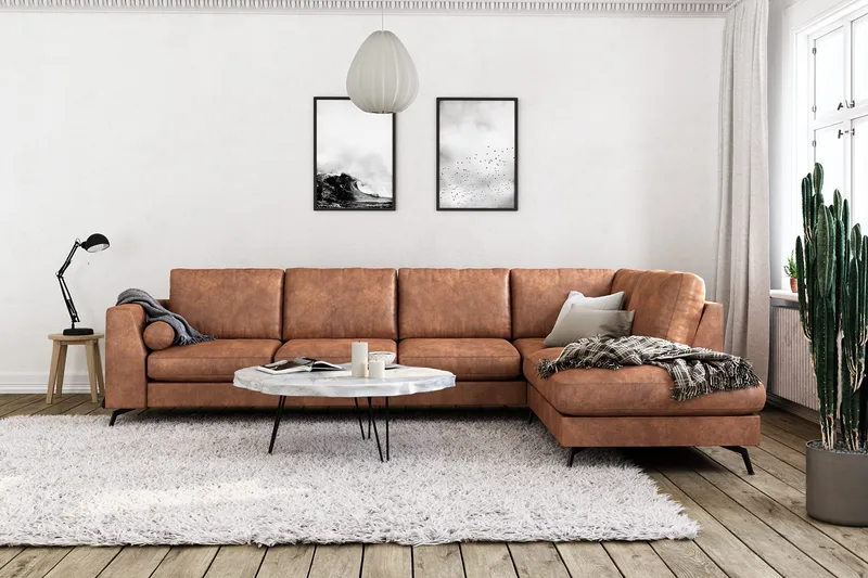 Ocean Lyx 5-sits Högervänd L-formad Schäslongsoffa i Konstläder - Brun - Möbler - Vardagsrum - Soffor - Skinnsoffor