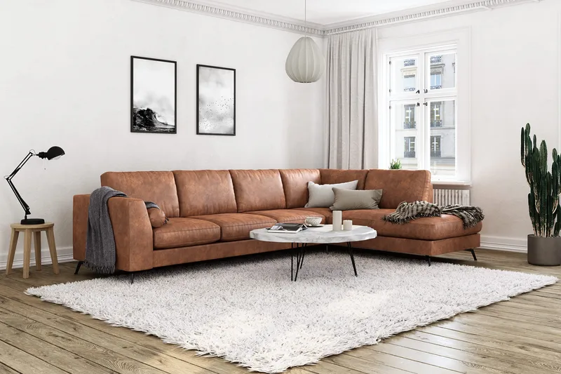 Ocean Lyx 5-sits Högervänd L-formad Schäslongsoffa i Konstläder - Brun - Möbler - Vardagsrum - Soffor - Skinnsoffor