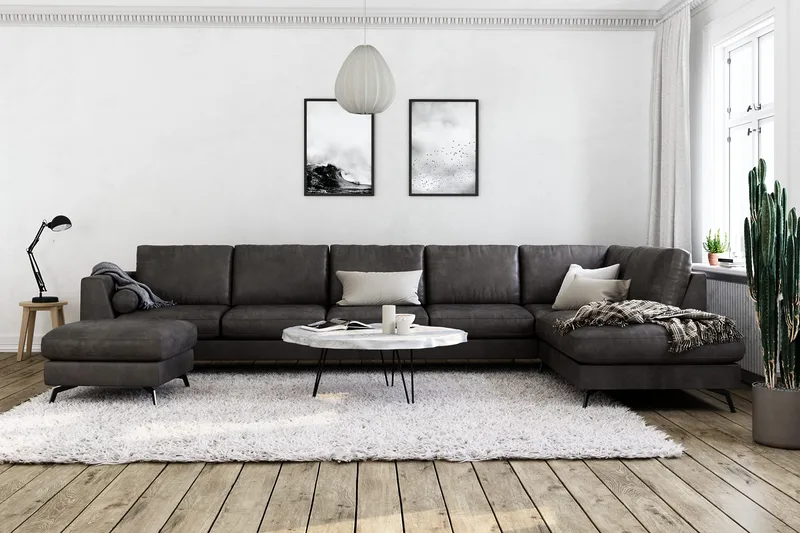 Ocean Lyx 6-sits Högervänd U-formad Soffa med Divan och Schäslong + Fotpall i Konstläder - Mörkgrå - Möbler - Vardagsrum - Soffor - Skinnsoffor