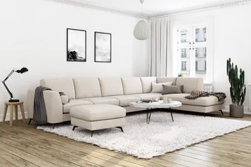 Ocean Lyx 6-sits Högervänd U-formad Soffa med Divan och Schäslong + Fotpall i Tyg - Beige - Möbler - Vardagsrum - Soffor - U-soffor