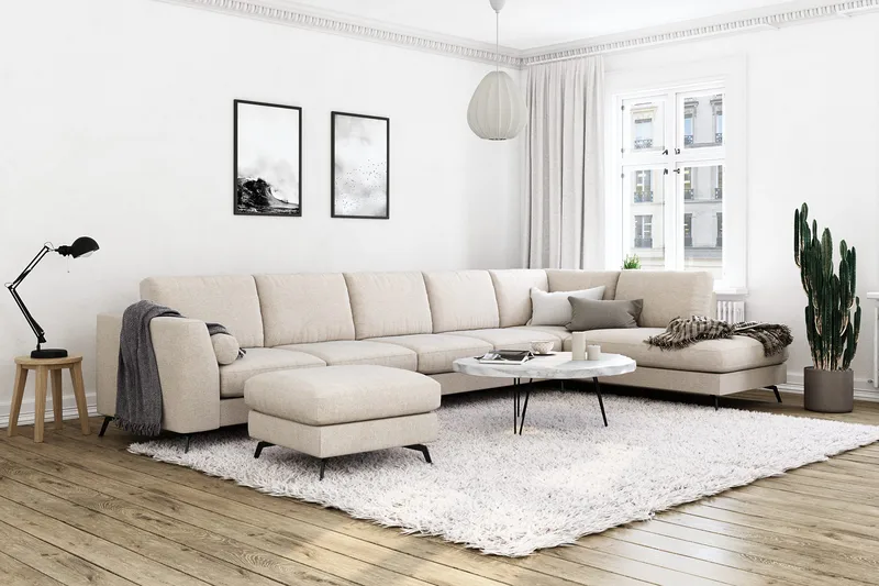 Ocean Lyx 6-sits Högervänd U-formad Soffa med Divan och Schäslong + Fotpall i Tyg - Beige - Möbler - Vardagsrum - Soffor - U-soffor