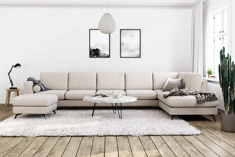 Ocean Lyx 6-sits Högervänd U-formad Soffa med Divan och Schäslong + Fotpall i Tyg - Beige - Möbler - Vardagsrum - Soffor - U-soffor