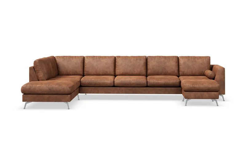 Ocean Lyx 6-sits Vänstervänd U-formad Soffa med Divan och Schäslong + Fotpall i Konstläder - Brun - Möbler - Vardagsrum - Soffor - Skinnsoffor