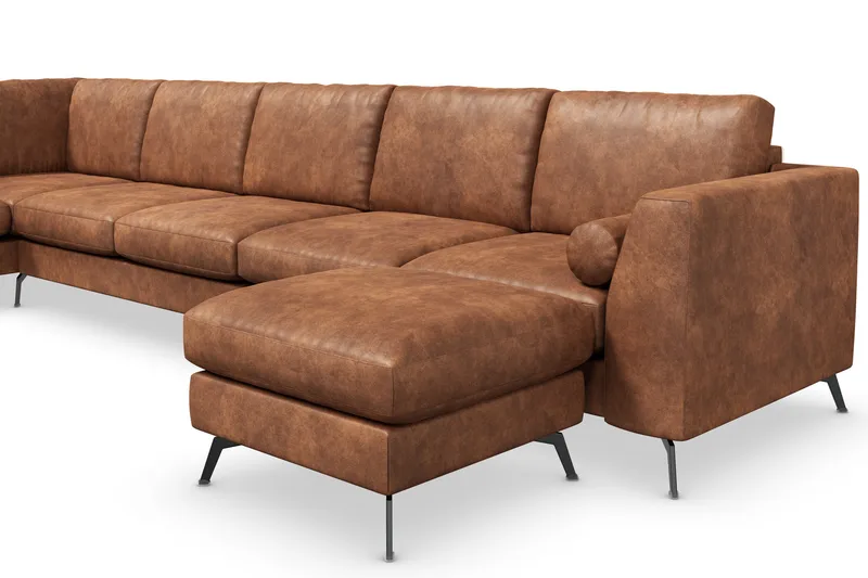 Ocean Lyx 6-sits Vänstervänd U-formad Soffa med Divan och Schäslong + Fotpall i Konstläder - Brun - Möbler - Vardagsrum - Soffor - Skinnsoffor