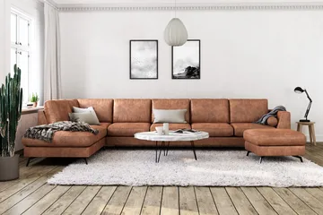 Ocean Lyx 6-sits Vänstervänd U-formad Soffa med Divan och Schäslong + Fotpall i Konstläder - Brun - Möbler - Vardagsrum - Soffor - Skinnsoffor