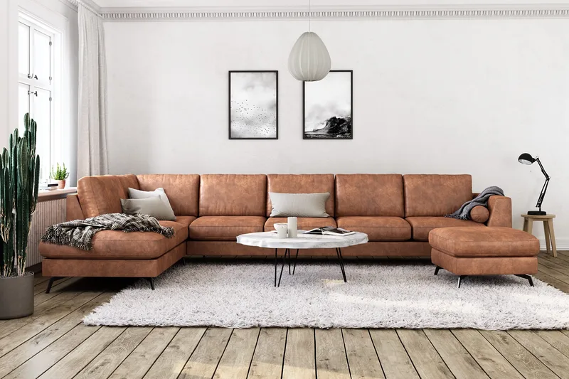 Ocean Lyx 6-sits Vänstervänd U-formad Soffa med Divan och Schäslong + Fotpall i Konstläder - Brun - Möbler - Vardagsrum - Soffor - Skinnsoffor