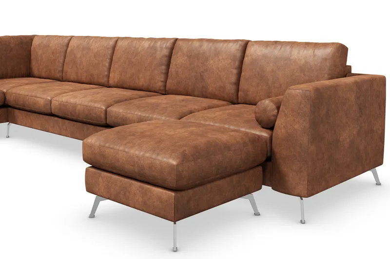 Ocean Lyx 6-sits Vänstervänd U-formad Soffa med Divan och Schäslong + Fotpall i Konstläder - Brun - Möbler - Vardagsrum - Soffor - Skinnsoffor