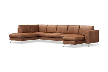 Ocean Lyx 6-sits Vänstervänd U-formad Soffa med Divan och Schäslong + Fotpall i Konstläder - Brun - Möbler - Vardagsrum - Soffor - Skinnsoffor
