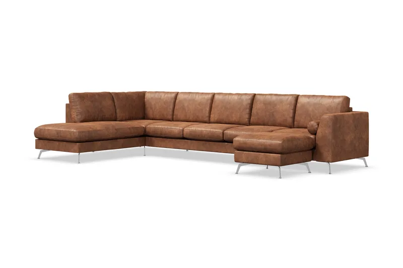 Ocean Lyx 6-sits Vänstervänd U-formad Soffa med Divan och Schäslong + Fotpall i Konstläder - Brun - Möbler - Vardagsrum - Soffor - Skinnsoffor