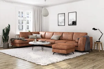 Ocean Lyx 6-sits Vänstervänd U-formad Soffa med Divan och Schäslong + Fotpall i Konstläder - Brun - Möbler - Vardagsrum - Soffor - Skinnsoffor
