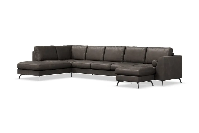 Ocean Lyx 6-sits Vänstervänd U-formad Soffa med Divan och Schäslong + Fotpall i Konstläder - Mörkgrå - Möbler - Vardagsrum - Soffor - Skinnsoffor