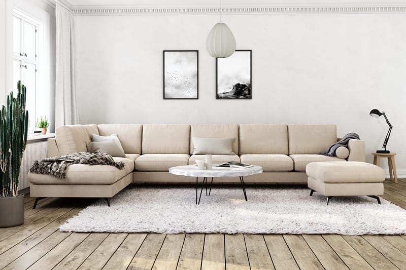 Ocean Lyx 6-sits Vänstervänd U-formad Soffa med Divan och Schäslong + Fotpall i Sammet - Beige - Möbler - Vardagsrum - Soffor - Sammetssoffor