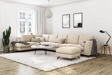 Ocean Lyx 6-sits Vänstervänd U-formad Soffa med Divan och Schäslong + Fotpall i Sammet - Beige - Möbler - Vardagsrum - Soffor - Sammetssoffor