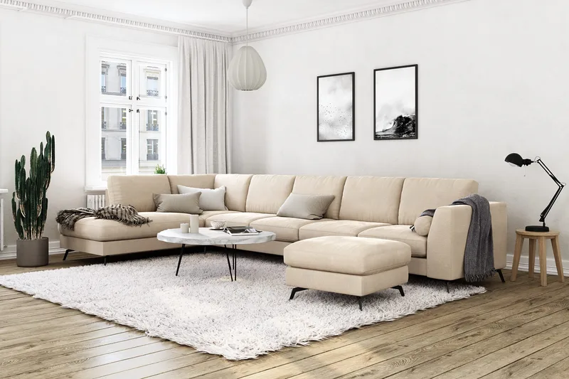 Ocean Lyx 6-sits Vänstervänd U-formad Soffa med Divan och Schäslong + Fotpall i Sammet - Beige - Möbler - Vardagsrum - Soffor - Sammetssoffor