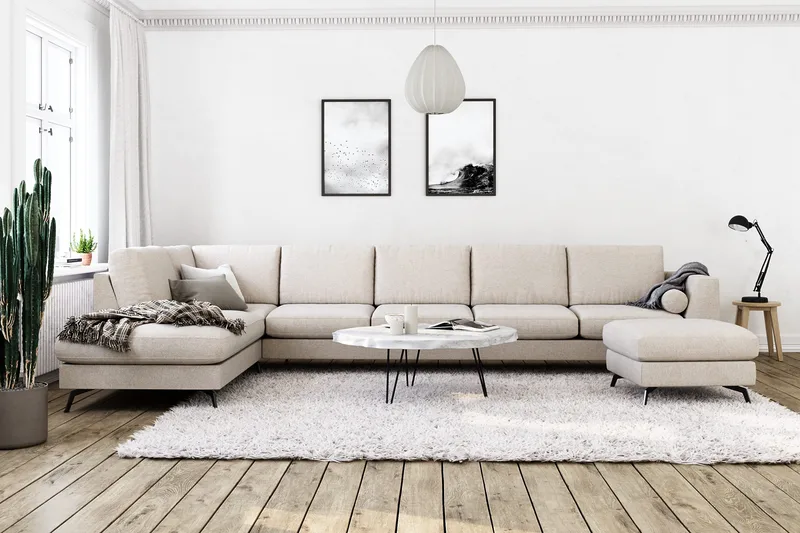 Ocean Lyx 6-sits Vänstervänd U-formad Soffa med Divan och Schäslong + Fotpall i Tyg - Beige - Möbler - Vardagsrum - Soffor - U-soffor