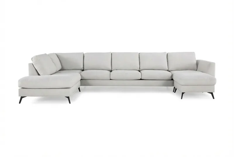 Ocean Lyx 6-sits Vänstervänd U-formad Soffa med Divan och Schäslong + Fotpall i Tyg, Ljusgrå
