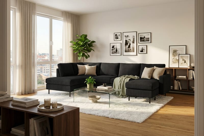 Peppe 4-sits Vänstervänd U-formad Soffa med Divan och Schäslong i Manchester - Svart - Möbler - Vardagsrum - Soffor - U-soffor