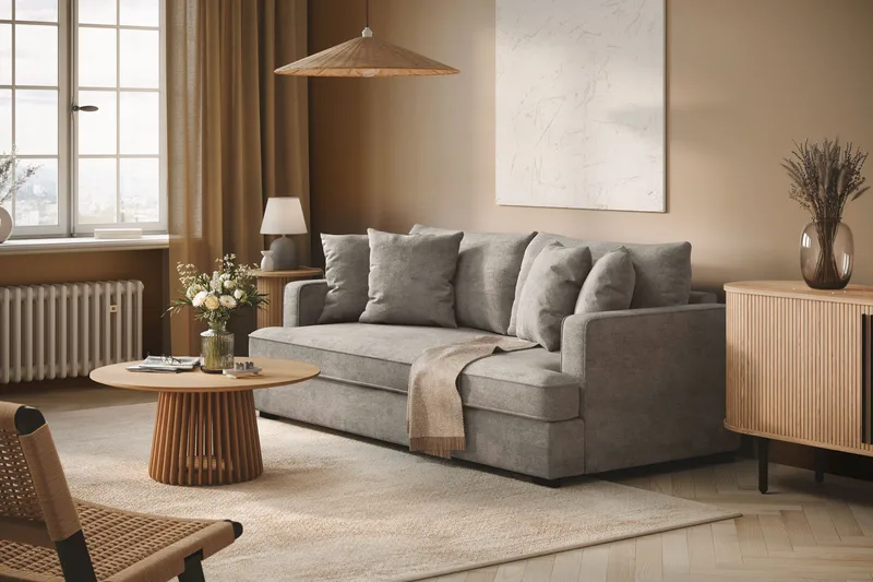 Rossita 3-sits Djup Soffa med hel dyna i Chenille - Trenza 03, Grå Chenille - Möbler - Vardagsrum - Soffor - 3-sits soffor