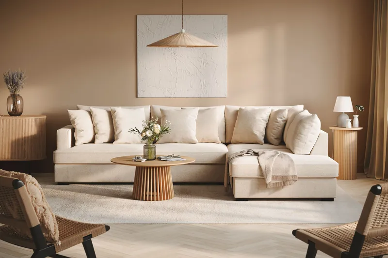 Rossita 4-sits Högervänd L-formad Djup Schäslongsoffa i Chenille - Beige - Möbler - Vardagsrum - Soffor - Divansoffa & schäslong