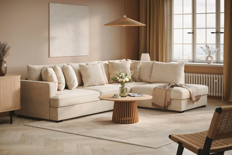 Rossita 4-sits Högervänd L-formad Djup Schäslongsoffa i Chenille - Beige - Möbler - Vardagsrum - Soffor - Divansoffa & schäslong