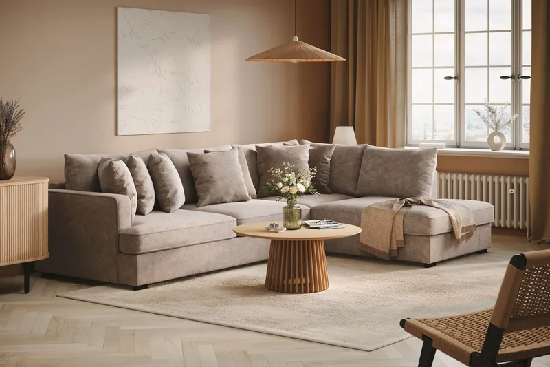 Rossita 4-sits Högervänd L-formad Djup Schäslongsoffa i Chenille - Grå / Brun - Möbler - Vardagsrum - Soffor - Divansoffa & schäslong