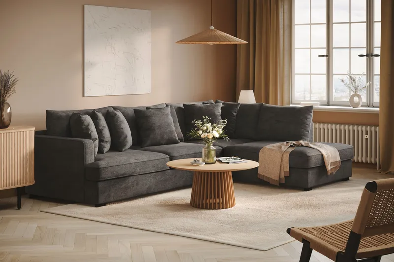 Rossita 4-sits Högervänd L-formad Djup Schäslongsoffa i Chenille - Svart - Möbler - Vardagsrum - Soffor - Divansoffa & schäslong