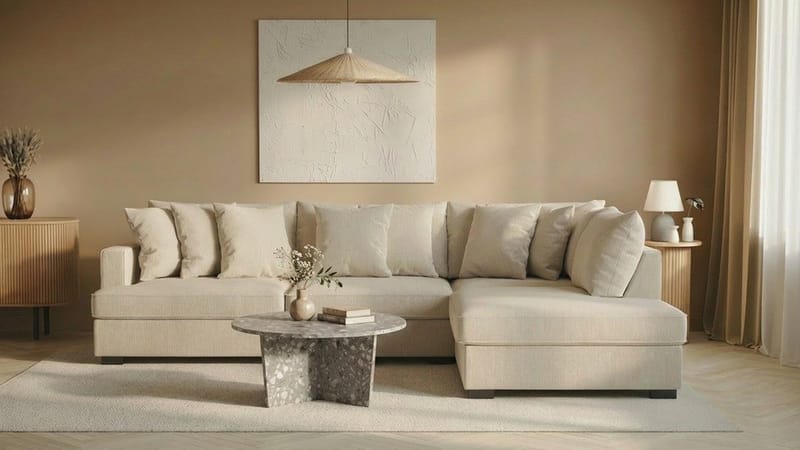 Rossita 4-sits Högervänd L-formad Djup Schäslongsoffa i Manchester - Beige - Möbler - Vardagsrum - Soffor - Divansoffa & schäslong