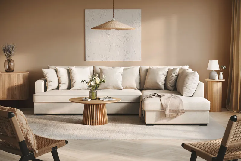 Rossita 4-sits Högervänd L-formad Djup Schäslongsoffa i Tyg - Beige - Möbler - Vardagsrum - Soffor - Divansoffa & schäslong