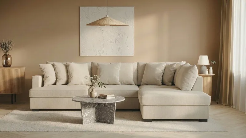 Rossita 4-sits Högervänd L-formad Djup Schäslongsoffa i Tyg - Beige - Möbler - Vardagsrum - Soffor - Divansoffa & schäslong