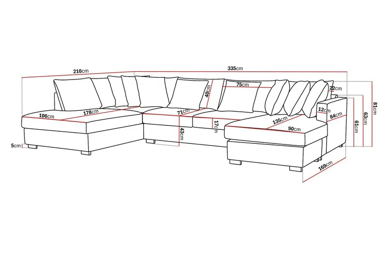 Rossita 5-sits Vänstervänd U-formad Djup Soffa med Divan och Schäslong i Chenille - Svart - Möbler - Vardagsrum - Soffor - U-soffor