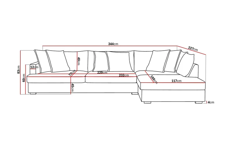 Rossita Lyx 4-sits Extra djup Soffa med Schäslong Höger - Svart Chenille - Möbler - Vardagsrum - Soffor - Sammetssoffor