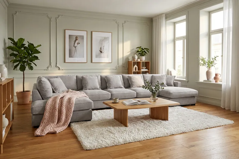 Rossita Lyx 6-sits Vänstervänd U-formad Extra djup Soffa med Divan och Schäslong i Chenille - Trenza 08, Grå/Brun Chenille - Möbler - Vardagsrum - Soffor - U-soffor
