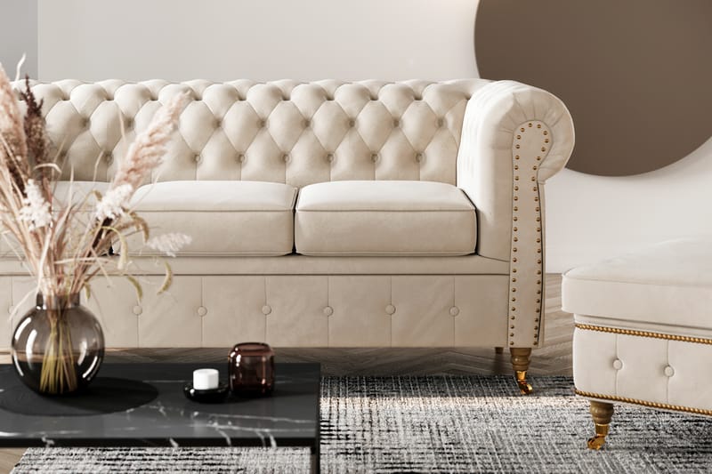 CHESTERFIELD LUX Sammetssoffa 3-sits Beige - Sammetssoffor - 3-sits soffor - chesterfield soffor