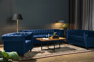 Chesterfield Lyx 3-sits Sammetssoffa - Djup soffa - Blå - Möbler - Vardagsrum - Soffor - Sammetssoffor