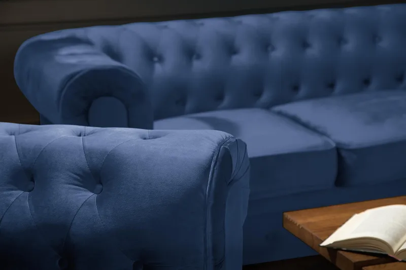 Chesterfield Lyx 3-sits Sammetssoffa - Djup soffa - Blå - Möbler - Vardagsrum - Soffor - Sammetssoffor