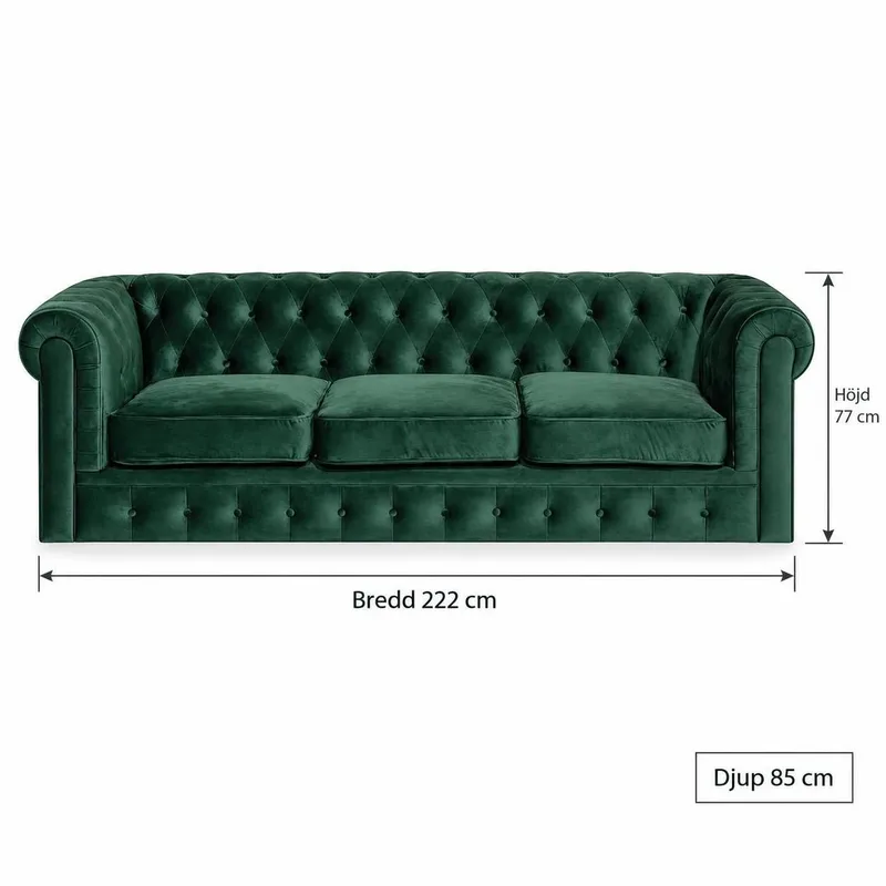 Chesterfield Lyx 3 sits Sammetssoffa - Djup soffa - Grön - Möbler - Vardagsrum - Soffor - Sammetssoffor