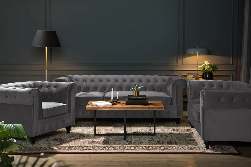 Chesterfield Lyx 3 sits Sammetssoffa - Djup soffa - Mörkgrå - Möbler - Vardagsrum - Soffor - Sammetssoffor