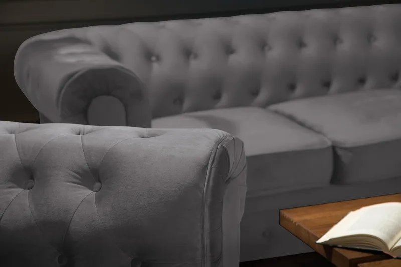 Chesterfield Lyx 3 sits Sammetssoffa - Djup soffa - Mörkgrå - Möbler - Vardagsrum - Soffor - Sammetssoffor