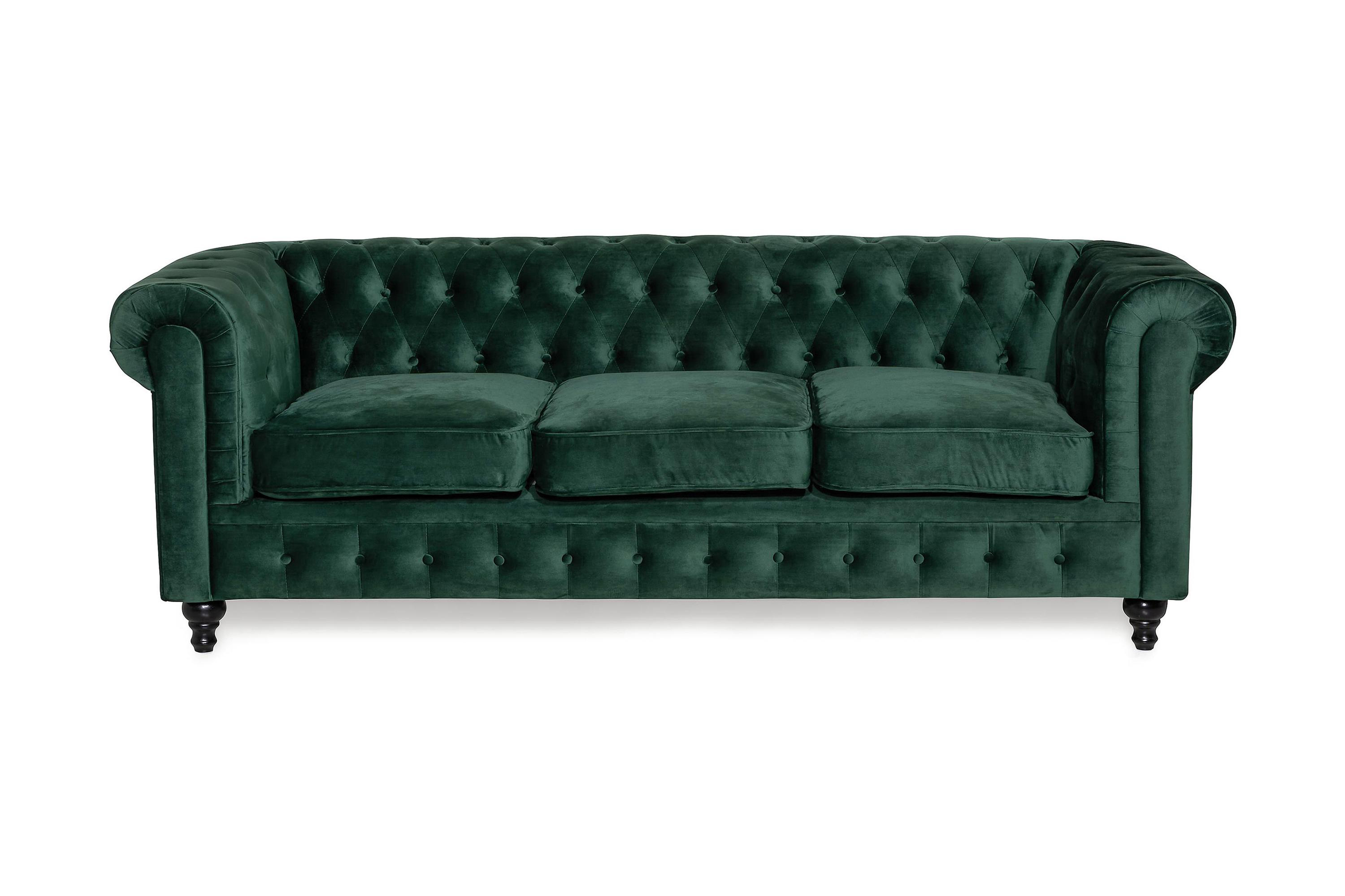 chesterfield lyx 3 sits sammetssoffa - djup soffa - mörkgrön / grön