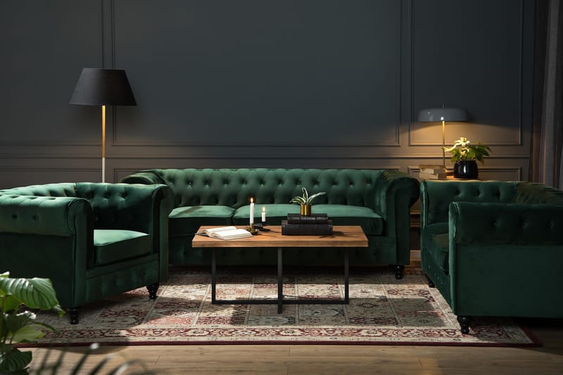 Chesterfield Lyx 3 sits Sammetssoffa - Djup soffa - Mörkgrön / Grön - Möbler - Vardagsrum - Soffor - Sammetssoffor