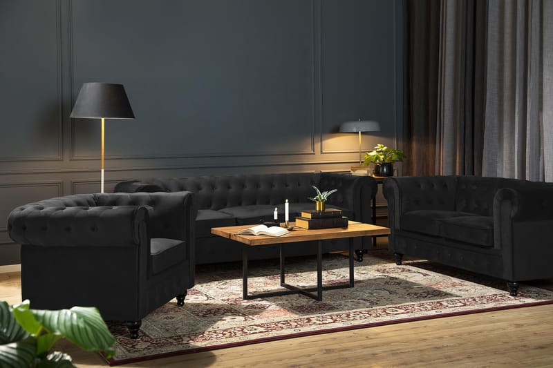 Chesterfield Lyx 3-sits Sammetssoffa - Djup soffa - Svart - Möbler - Vardagsrum - Soffor - Sammetssoffor