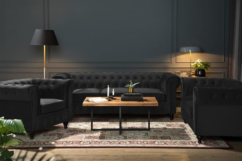 Chesterfield Lyx 3-sits Sammetssoffa - Djup soffa - Svart - Möbler - Vardagsrum - Soffor - Sammetssoffor
