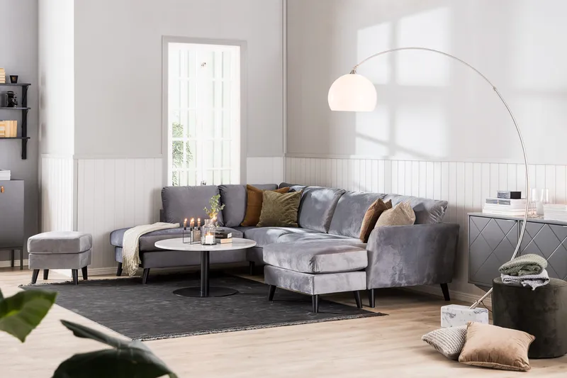 Trend 4-sits Vänstervänd L-formad Schäslongsoffa i Sammet - Ljusgrå - Möbler - Vardagsrum - Soffor - Sammetssoffor
