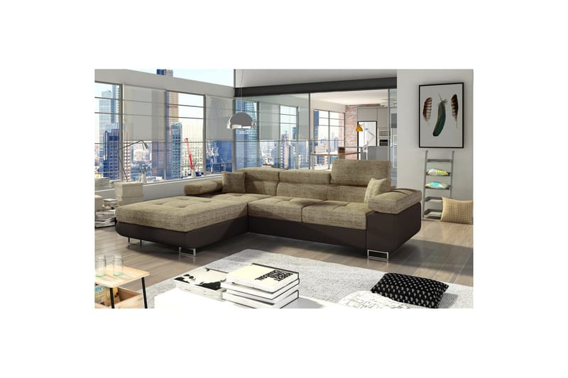 Sektionssoffa Eltap Armando 289x85x203 cm - Berlin 03, Mjuk 66, Beige, Mörkbrun, Vänster - Möbler - Vardagsrum - Soffor - Skinnsoffor
