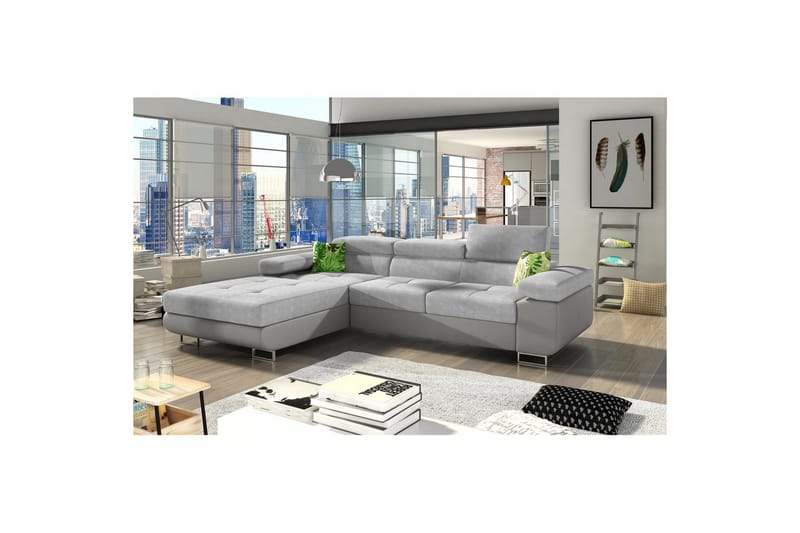 Sektionssoffa Eltap Armando 289x85x203 cm, Soro 83, Soft 29, Vit, Grå, Kuddar: Jungle 32, Grön, Vänster